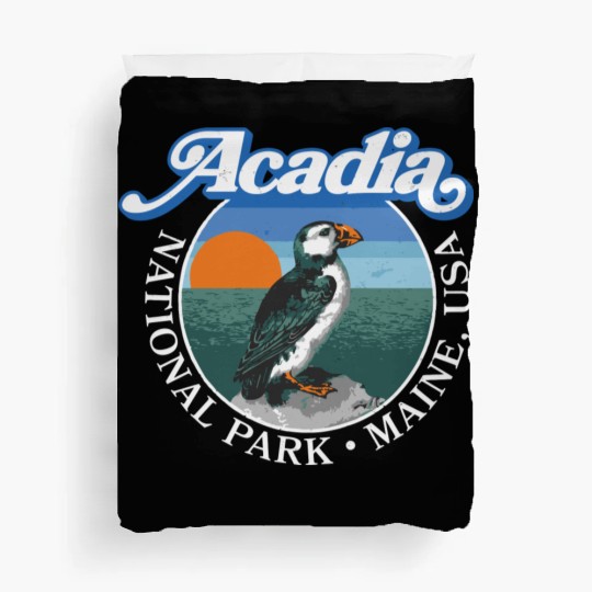 Retro Acadia National Park Vintage Maine Puffin Duvet Covers