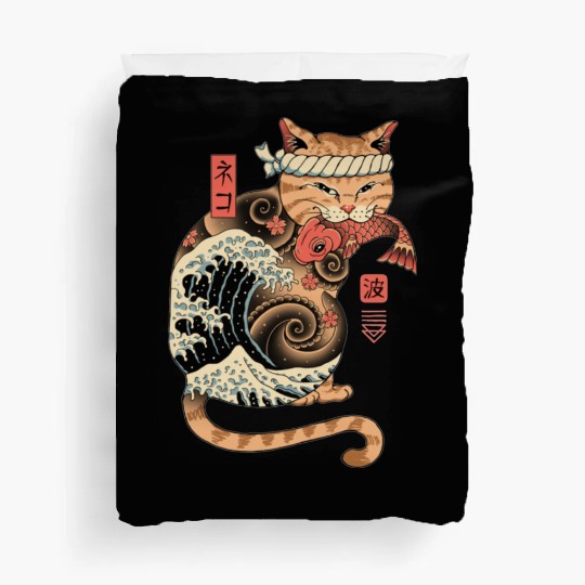 Funny Japanese Catana Wave Eating Koi Fish Duvet Covers