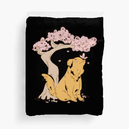 Dog With Sakura Tree Duvet Covers