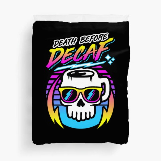 Death Before Decaf (Skull Mug) Retro Neon 80s 90s Duvet Covers