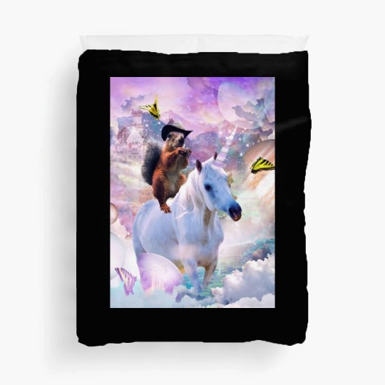 HEY, Cowboy Squirrel Riding Unicorn In Space Duvet Covers