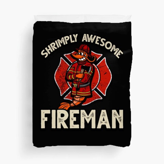 Funny Shrimp/Prawn Pun. Shrimply Awesome Fireman Duvet Covers