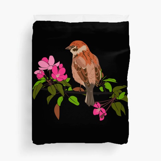 Sparrow on a branch pink flowers of an apple tree Duvet Covers
