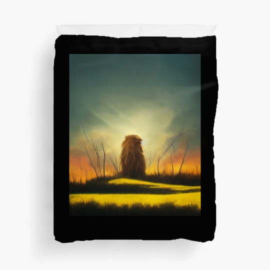 Lion meditate on sunrise, painting Duvet Covers