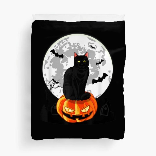 Black Cat On Pumpkin Duvet Covers Full Moon Halloween