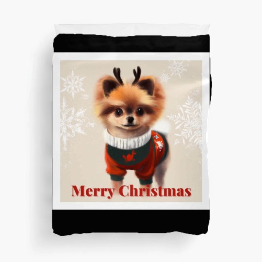 Sweet Miniature Spitz pomeranian in a Christmas. Duvet Covers