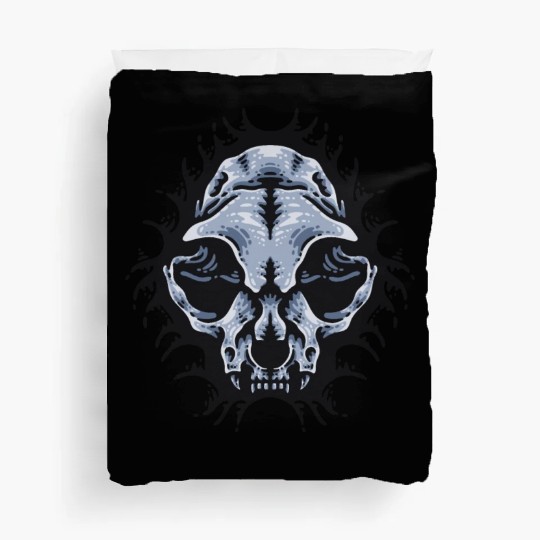 Cat Skull Bursting out gray scale oddities Duvet Covers