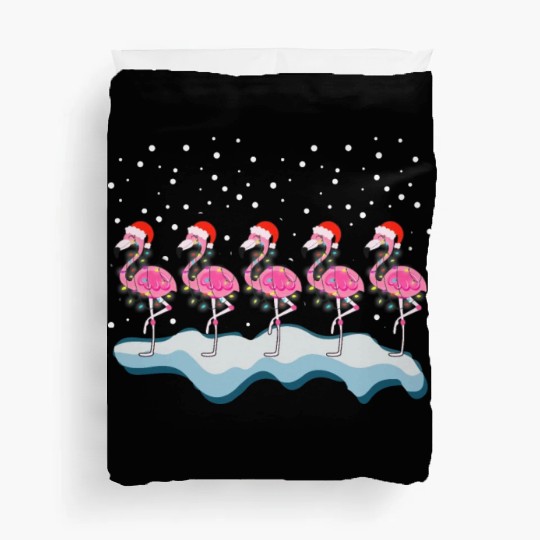 Christmas Pink Flamingo Santa Hat Holiday Lights Duvet Covers