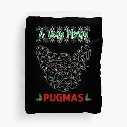 cute christmas pug christmas lights face Duvet Covers