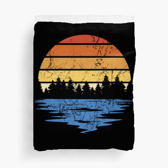 RETRO FOREST WITH LAKE IN SUNSET VINTAGE Duvet Covers
