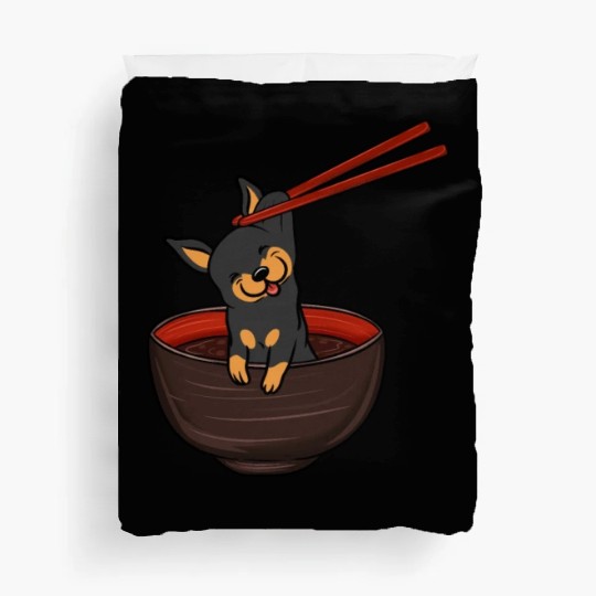 Miniature Pinscher Dipping Noodles Duvet Covers