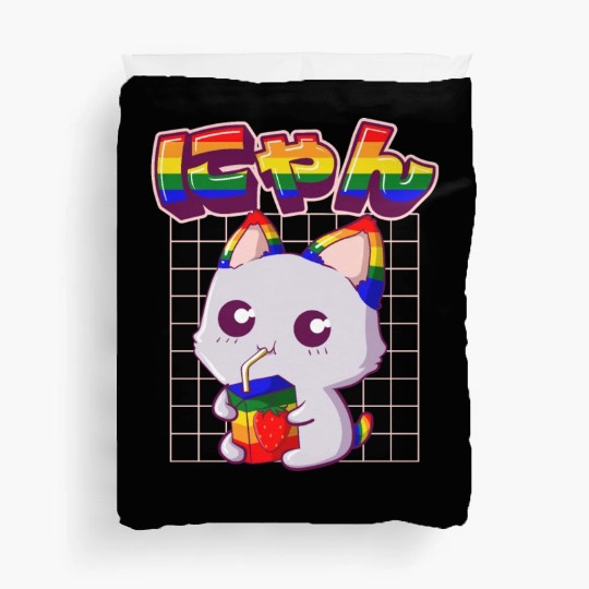 Gay Pride Kawaii Cat Strawberry Milk Rainbow Flag Duvet Covers