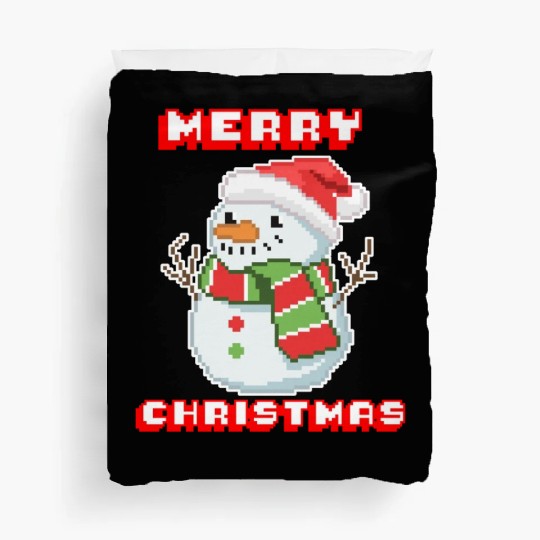 Merry Christmas I Xmas I 8 Bit Pixelated Snowman Duvet Covers