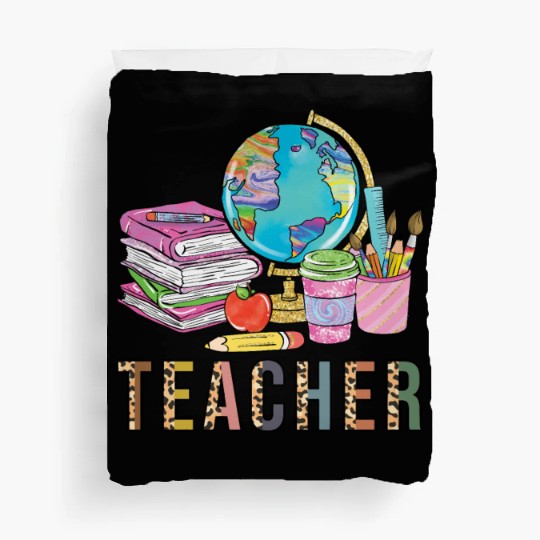 Cute Teacher Leopard Print Globe First Day of Duvet Covers