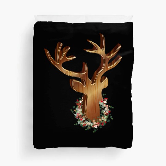 Deer head in wood look with Christmas wreath Duvet Covers