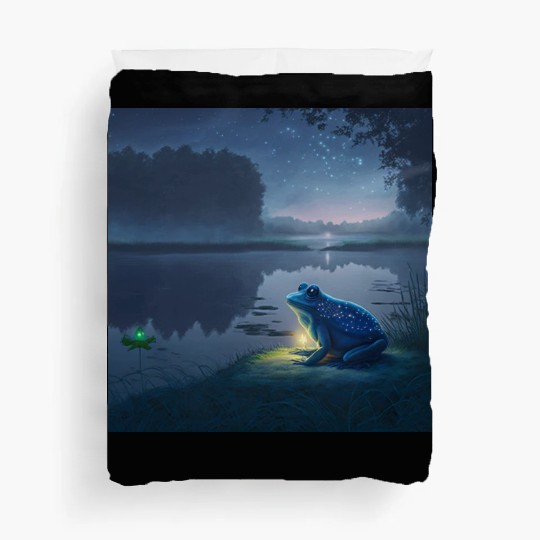 Blue Frog and Firefly on a pond at Night Duvet Covers