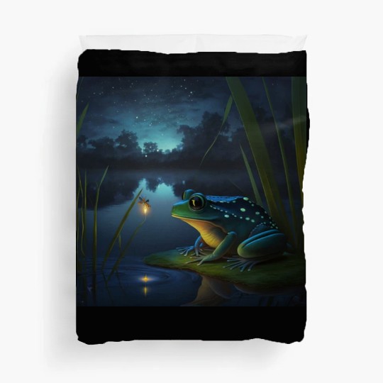 Frog and Firefly Friends on the Pond at Night Duvet Covers