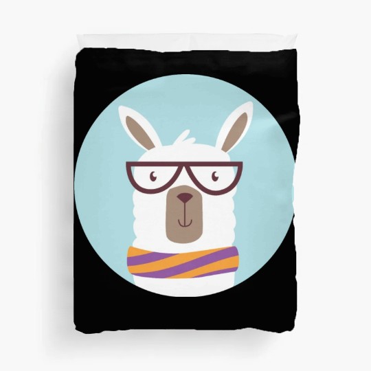 kawaii funny llama wearing glasses and feels cold Duvet Covers