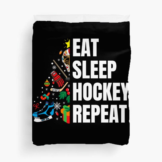 Eat Sleep hockey Repeat Christmas tree Duvet Covers