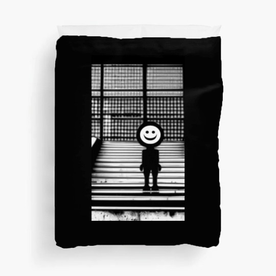 Smiley Face in Duvet Covers Standing on the Steps Street