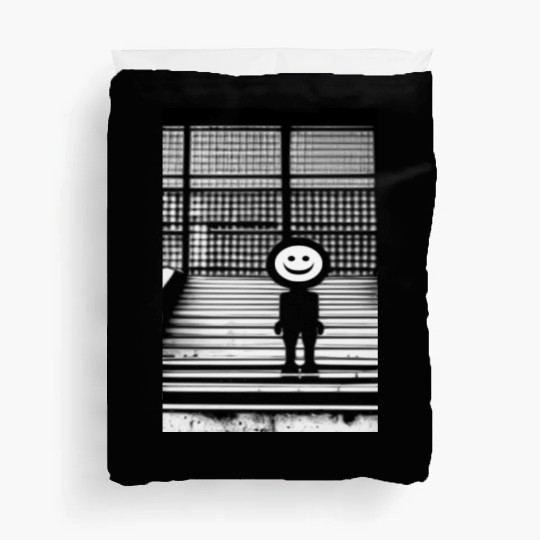Smiley Face in Duvet Covers Standing on the Steps Street