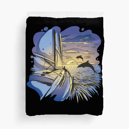 Boat sailing ocean sunset dolphin Boat sailing oce Duvet Covers