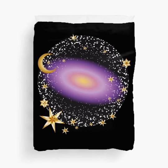 glowing violet galaxy with moon and stars Duvet Covers