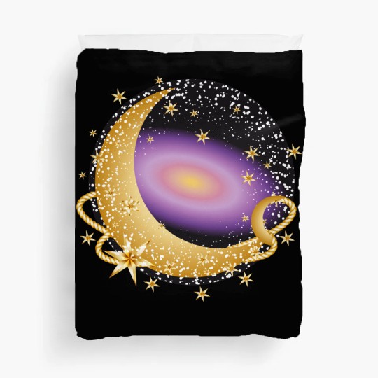 glowing violet galaxy with moon and stars Duvet Covers