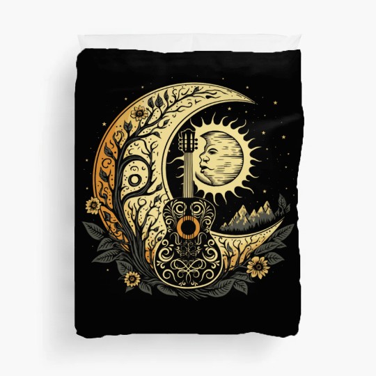 Cottagecore Acoustic Guitar With Moon, Sun, Stars Duvet Covers
