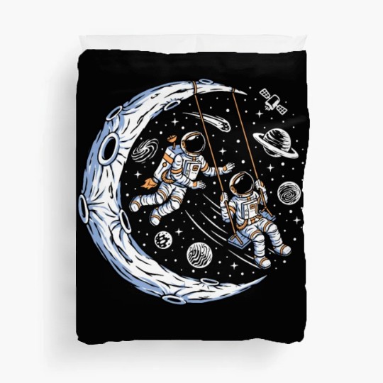 Astronauts on swing on moon Duvet Covers