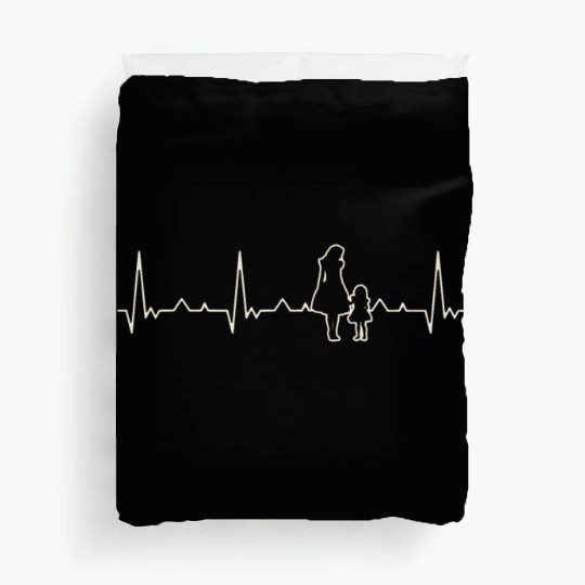 Mother and daughter. Heart. Love. EKG. Pulse. Duvet Covers
