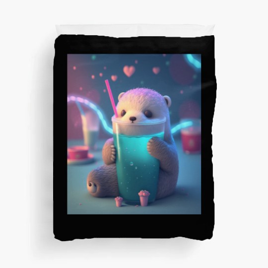 Kawaii Otter Pet Otter Drinking Boba Tea Duvet Covers
