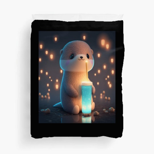 Kawaii Otter Pet Otter Drinking Boba Tea Duvet Covers