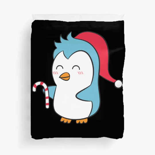 Cute Penguin with Christmas Hat and Candy Cane Duvet Covers
