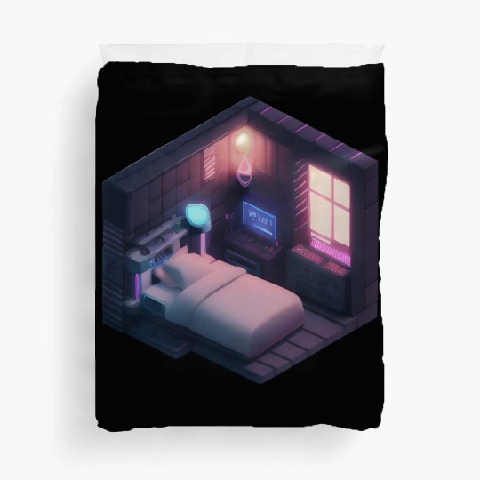 Isometric Voxel Bedroom - Synthwave Future Room Duvet Covers