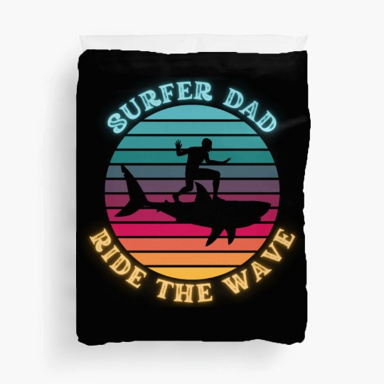 Shark Surfer Dad Ride the Wave Rainbow Sunset Neon Duvet Covers