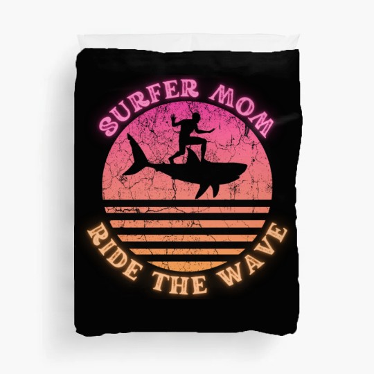 Surfer Mom Ride the Wave Shark Sunset Neon Duvet Covers