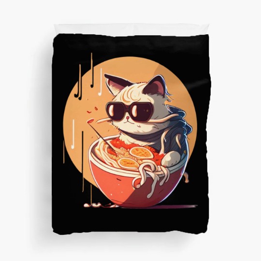 cat eating Chinese food,cute design for Meow lover Duvet Covers