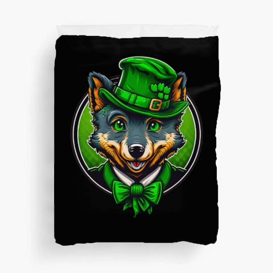 Cute Wolf St. Patrick's Day Hat With Green Eyes Duvet Covers