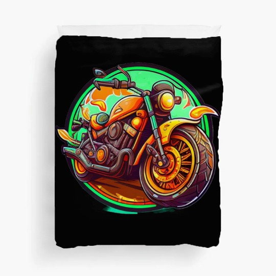 Orange Motorcycle on Green Background Duvet Covers