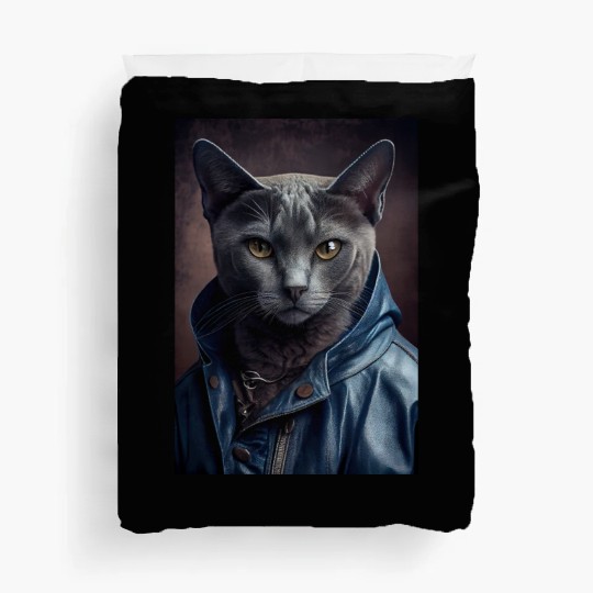 Russian Blue Cat Breed Portrait wears a leather j Duvet Covers