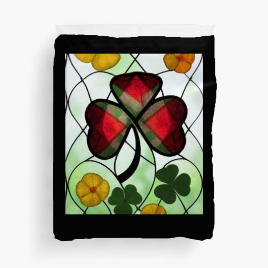 Red plaid Shamrock with Yellow Poppies (AI Art) Duvet Covers