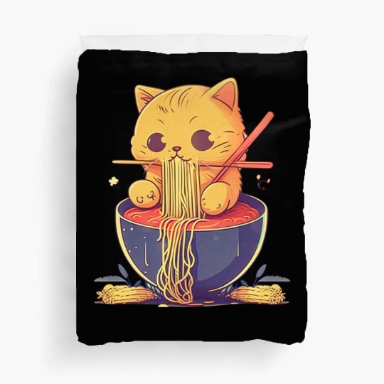 Cute Cat Eating Ramen Noodle Japanese Culture Duvet Covers