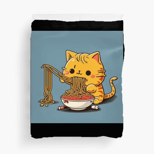 Japanese cat eating spaghetti Duvet Covers