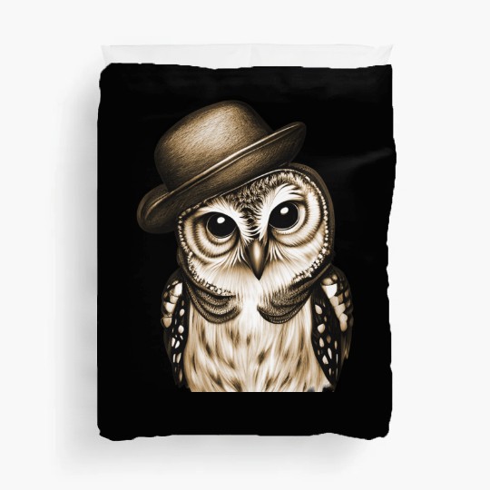 owl wearing derby hat - brown color Duvet Covers