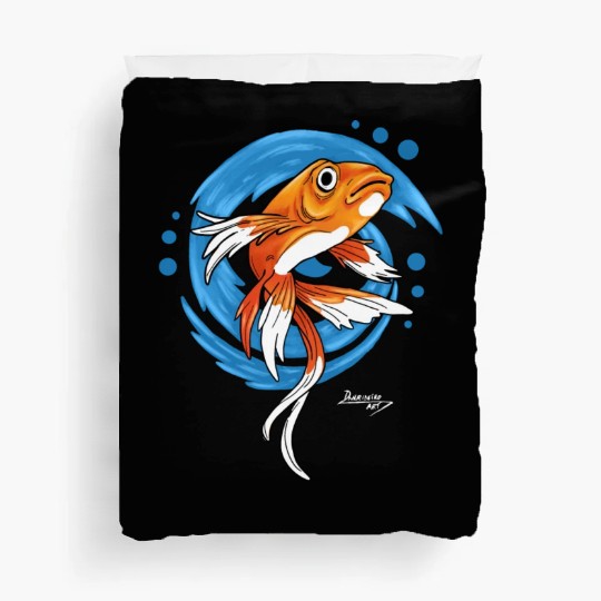 Carp Koi Fish on Blue waves green Duvet Covers