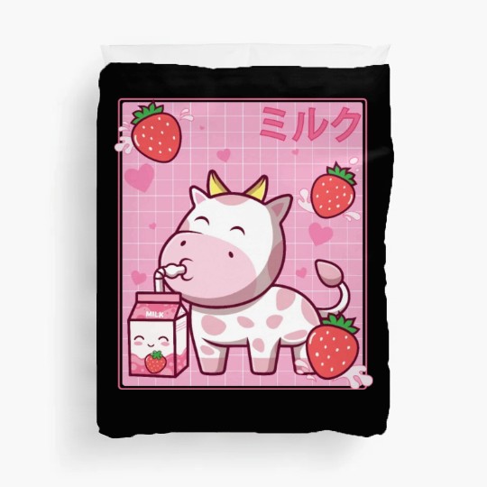 Kawaii Pink Strawberry Cow Milk Shake Otaku Anime Duvet Covers