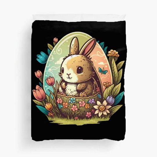 Easter magic: cheerful bunny next to colorful eggs Duvet Covers