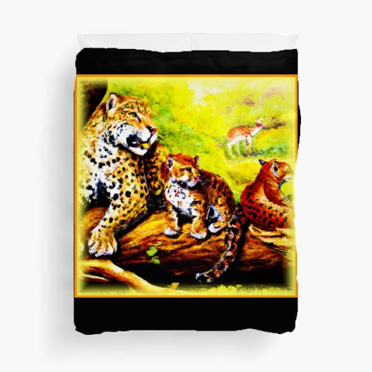 Jaguar Mom and Cubs Relaxing in Jungle. Buy Now Duvet Covers