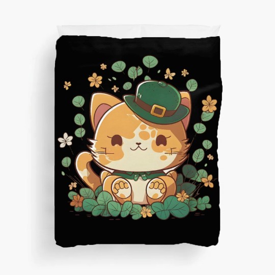 Kawaii Orange Cat Funny Shamrock St Patrick's Day Duvet Covers